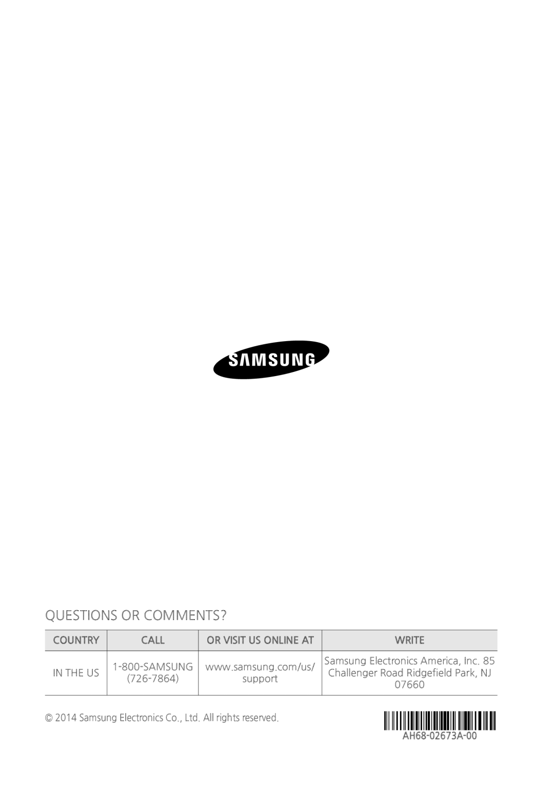 Samsung HTH5500 user manual Country, Call, Or Visit Us Online At, Write, AH68-02673A-00, Questions Or Comments? 
