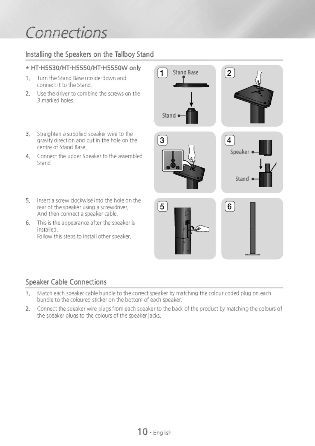 Samsung HTH5500W Installing the Speakers on the Tallboy Stand, Speaker Cable Connections, HT-H5530/HT-H5550/HT-H5550W only 