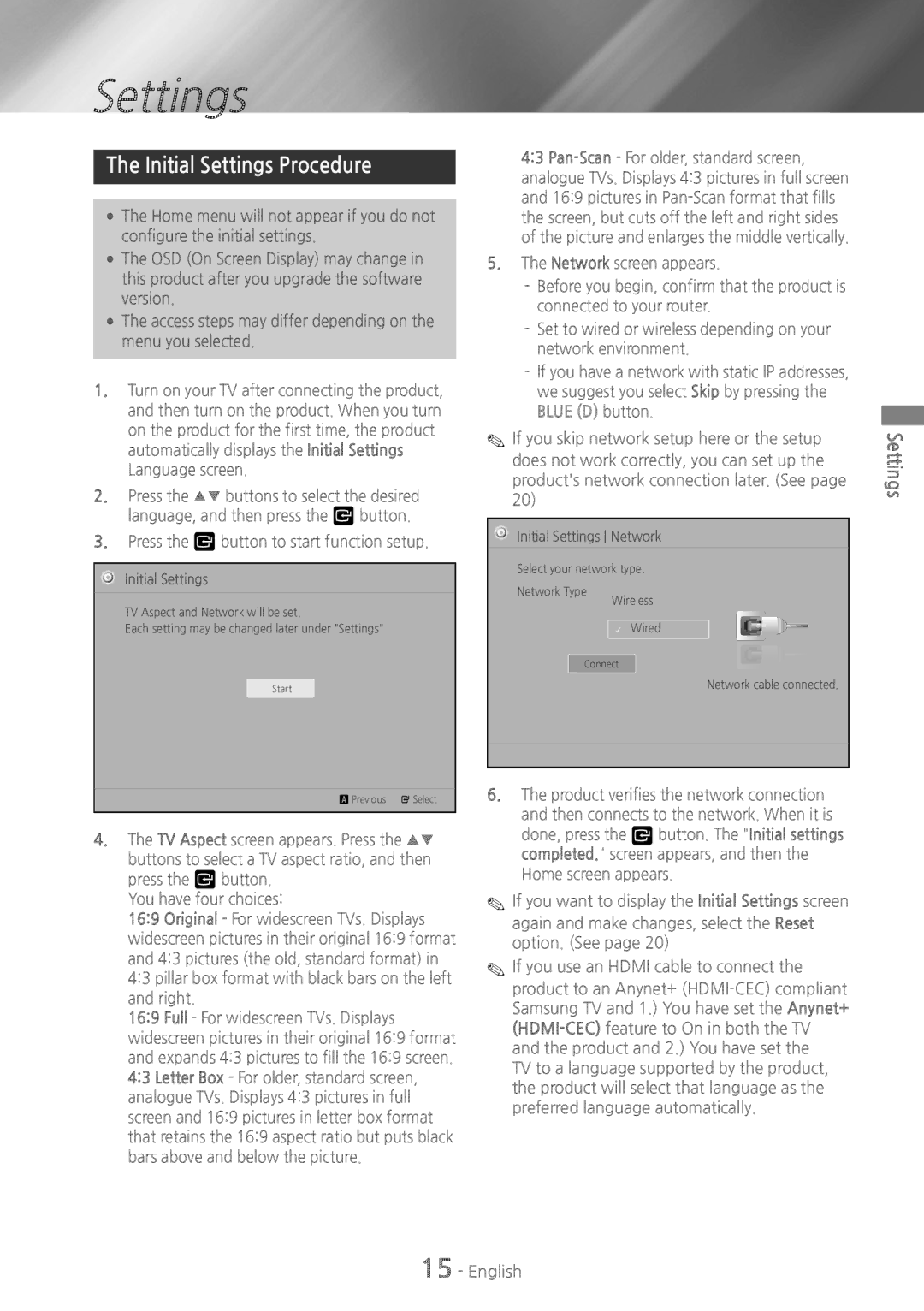 Samsung HTH5500W user manual Initial Settings Procedure, Press the v button to start function setup 