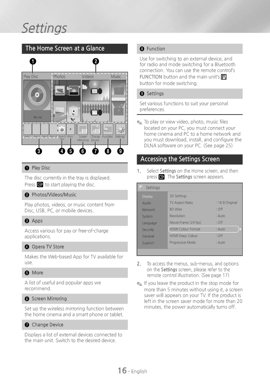 Samsung HTH5500W user manual Home Screen at a Glance, Accessing the Settings Screen 