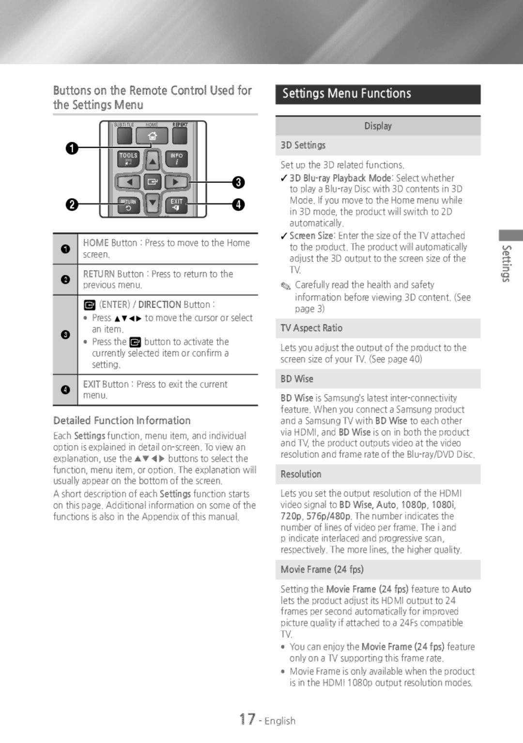 Samsung HTH5500W user manual Buttons on the Remote Control Used for the Settings Menu, Settings Menu Functions 