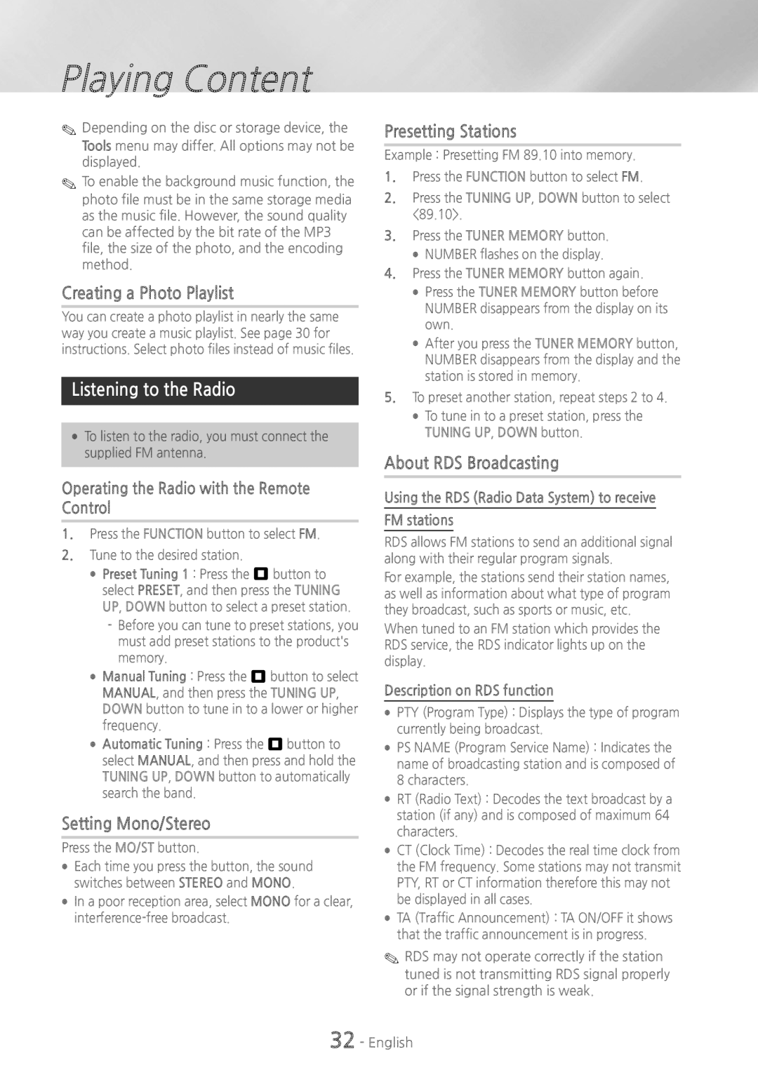 Samsung HTH5500W user manual Creating a Photo Playlist, Listening to the Radio, Presetting Stations, About RDS Broadcasting 