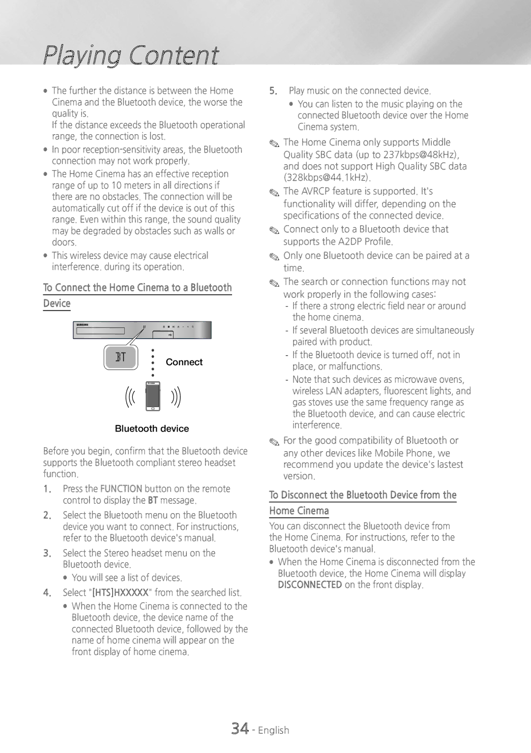 Samsung HTH5500W To Disconnect the Bluetooth Device from Home Cinema, To Connect the Home Cinema to a Bluetooth 