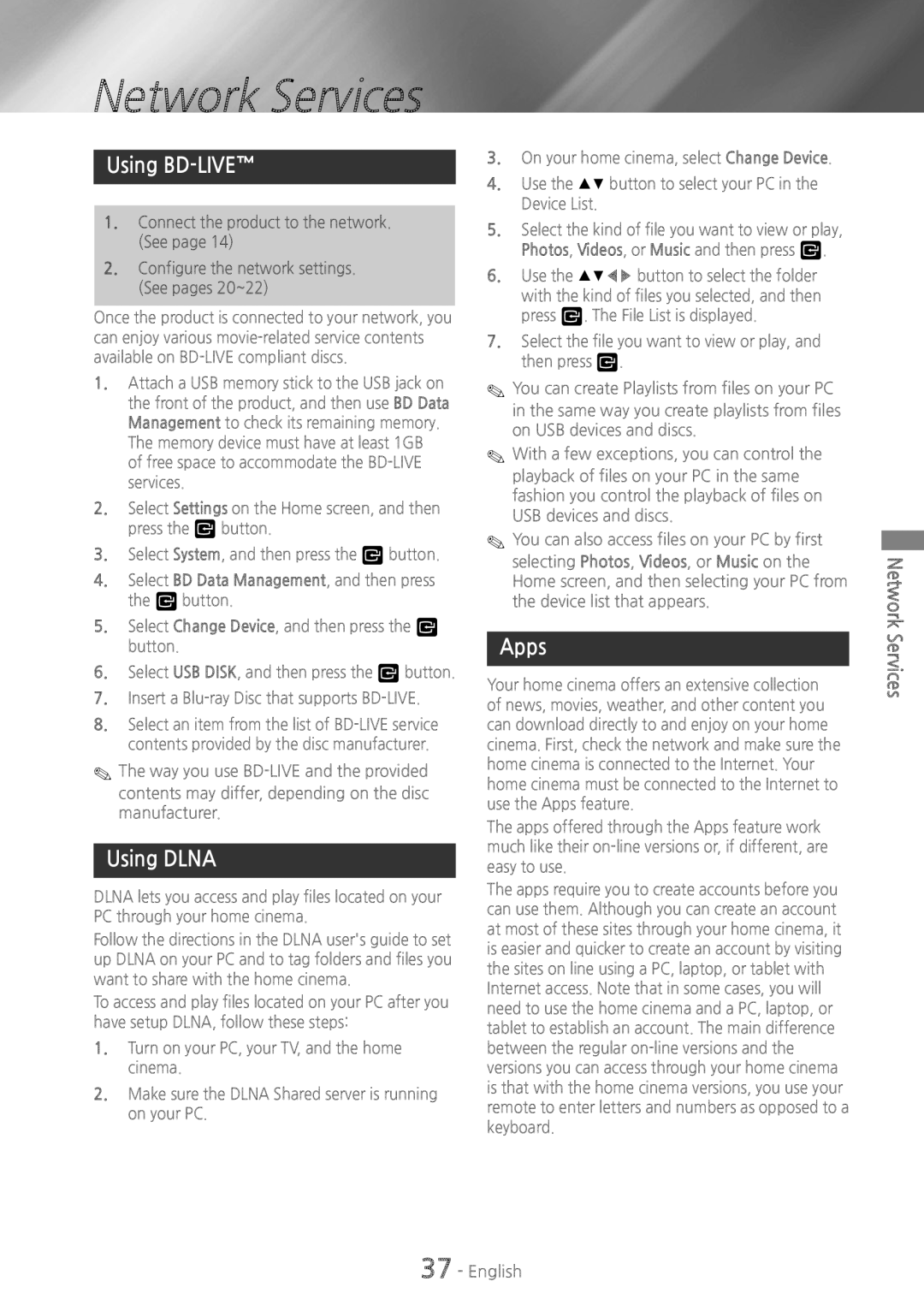 Samsung HTH5500W user manual Network Services, Using BD-LIVE, Using Dlna, Apps 