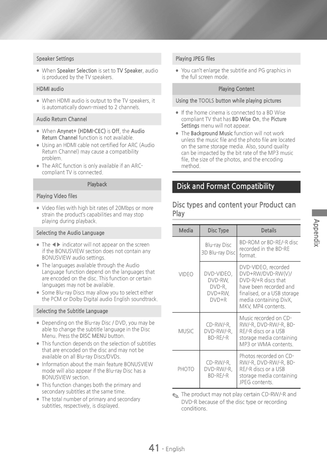 Samsung HTH5500W user manual Disk and Format Compatibility, Disc types and content your Product can Play 