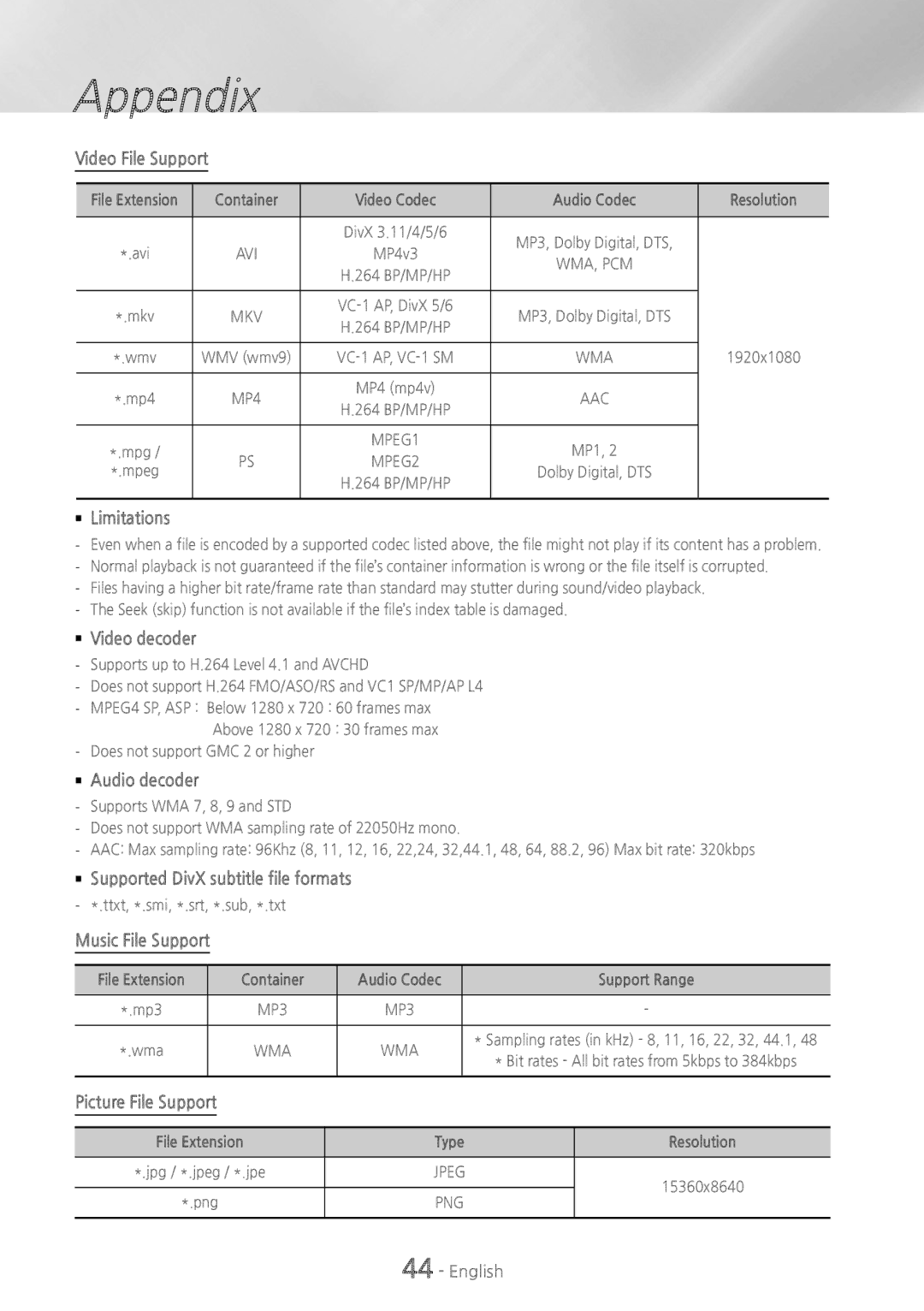 Samsung HTH5500W user manual Video File Support, `` Limitations, `` Video decoder, Music File Support, Picture File Support 