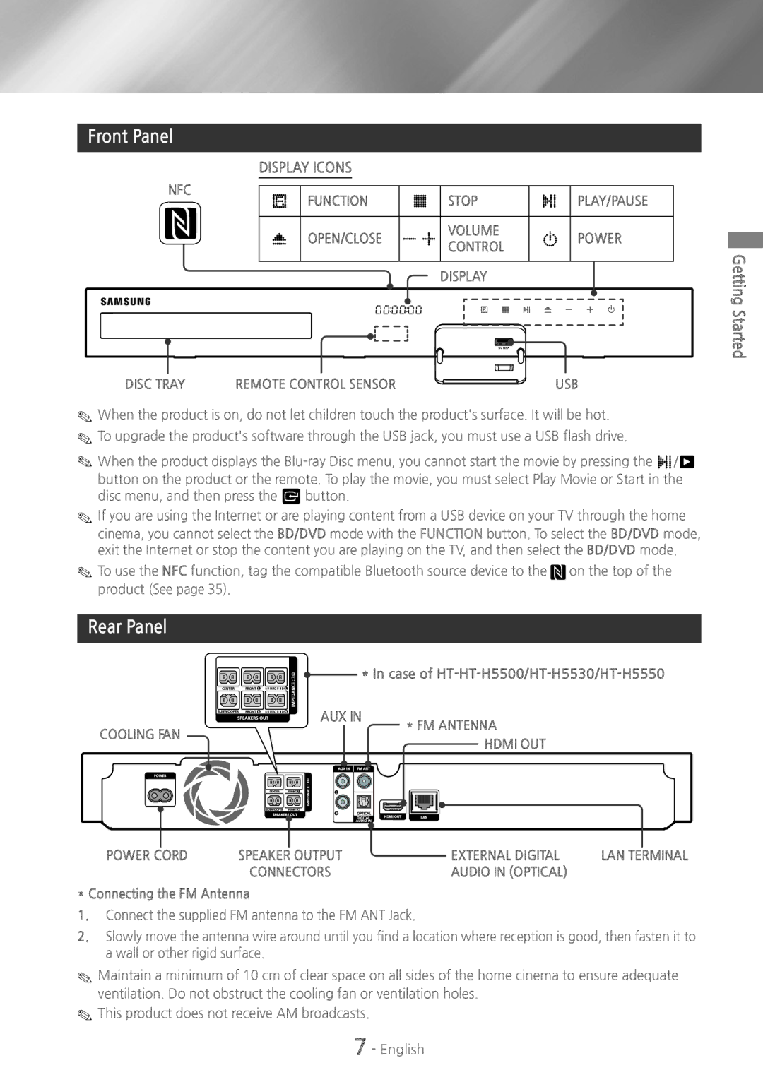 Samsung HTH5500W user manual Front Panel, Rear Panel, Getting Started, Case of HT-HT-H5500/HT-H5530/HT-H5550 