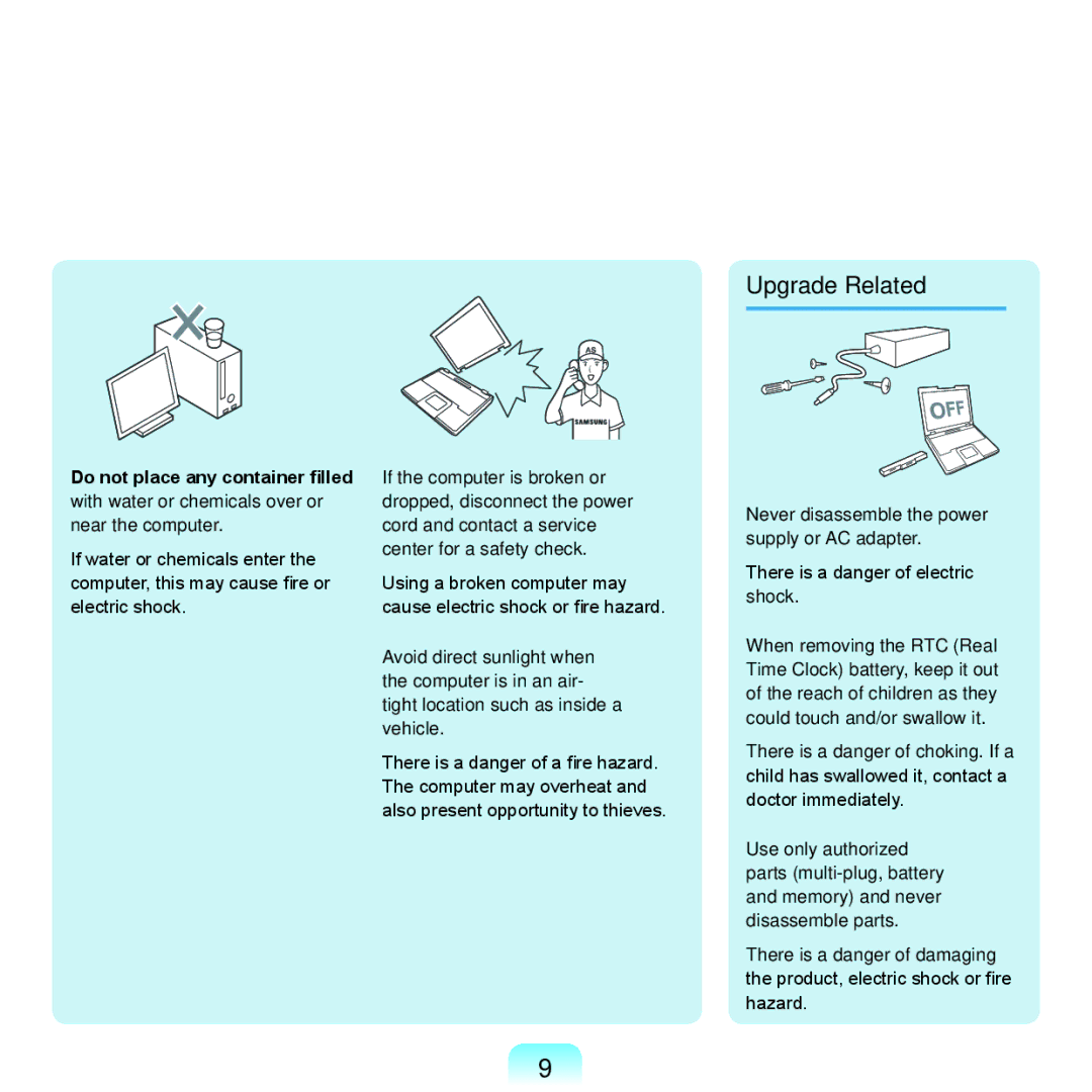 Samsung HTQ45, Q46 manual Upgrade Related, Never disassemble the power supply or AC adapter 