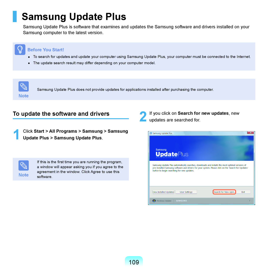 Samsung HTQ45, Q46 manual Samsung Update Plus, 109, To update the software and drivers 