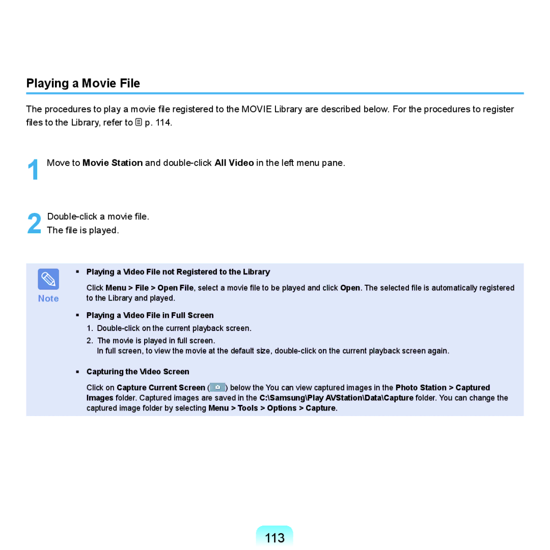 Samsung HTQ45 113, Playing a Movie File, Playing a Video File not Registered to the Library, Capturing the Video Screen 