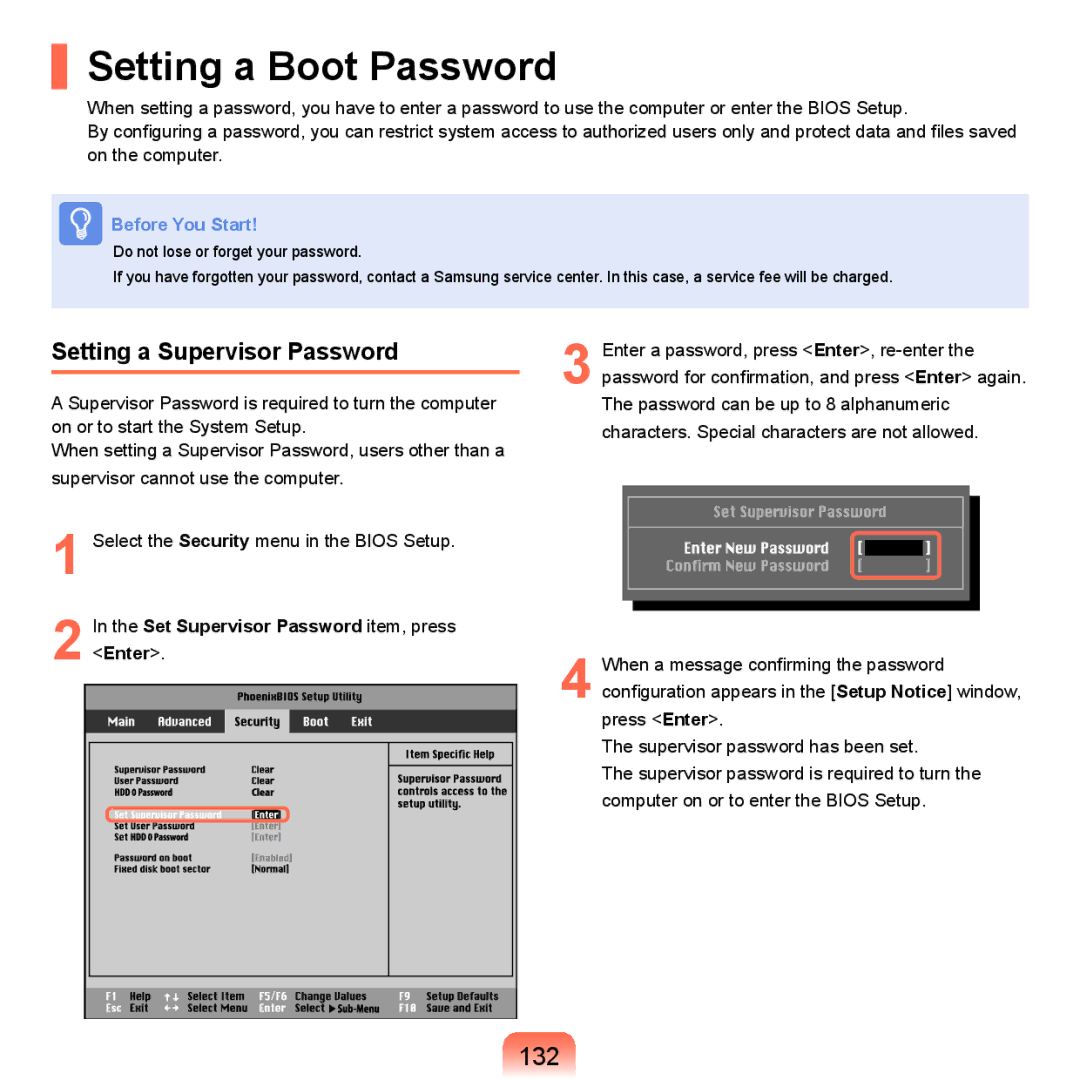 Samsung Q46, HTQ45 Setting a Boot Password, 132, Setting a Supervisor Password, Set Supervisor Password item, press, Enter 