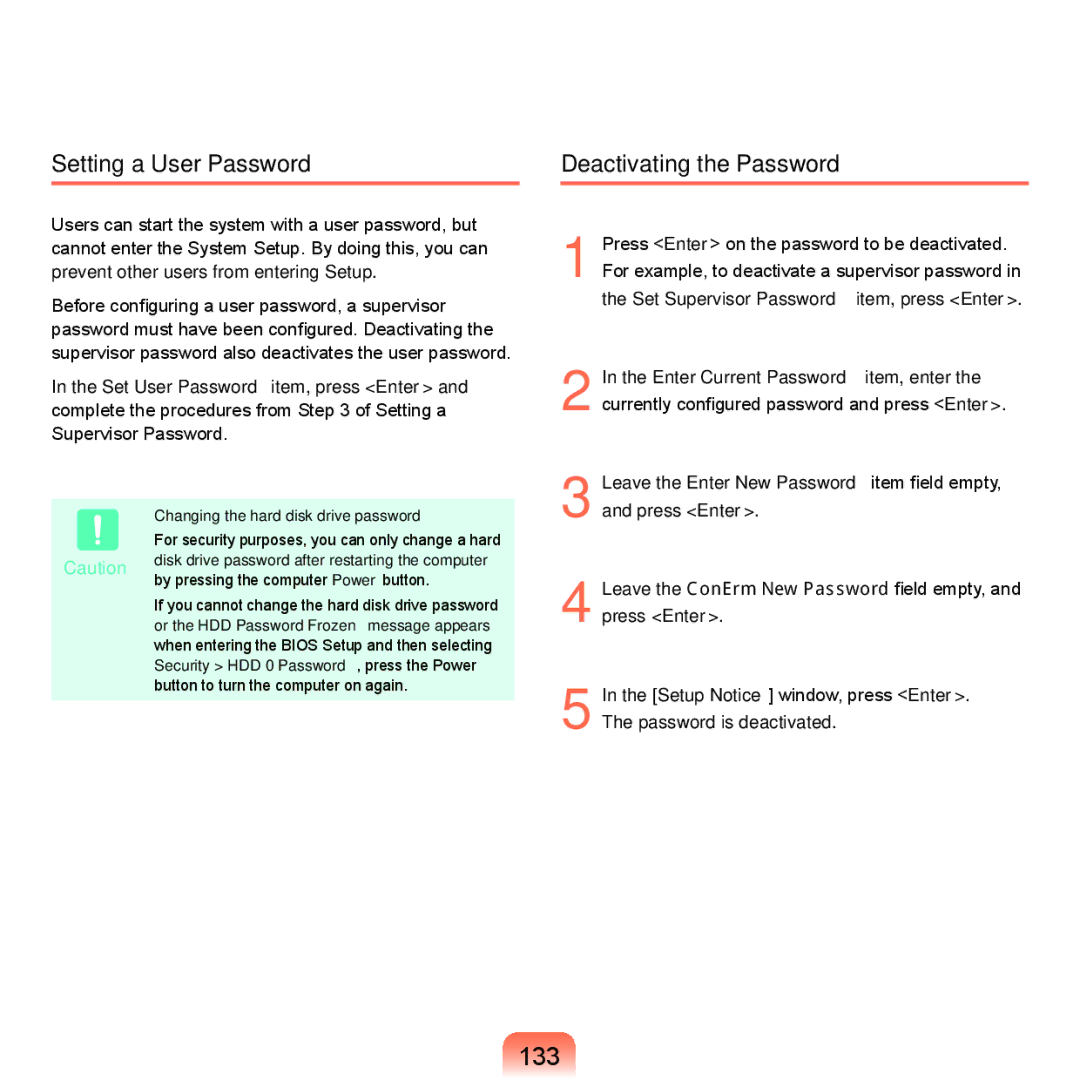 Samsung HTQ45, Q46 manual 133, Setting a User Password, Deactivating the Password, Changing the hard disk drive password 