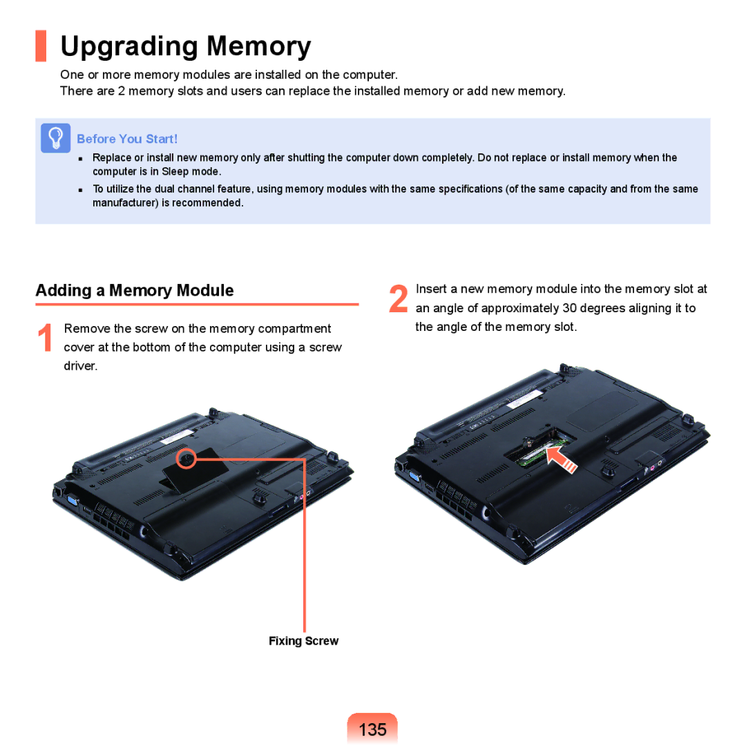 Samsung HTQ45, Q46 manual Upgrading Memory, 135, Adding a Memory Module 