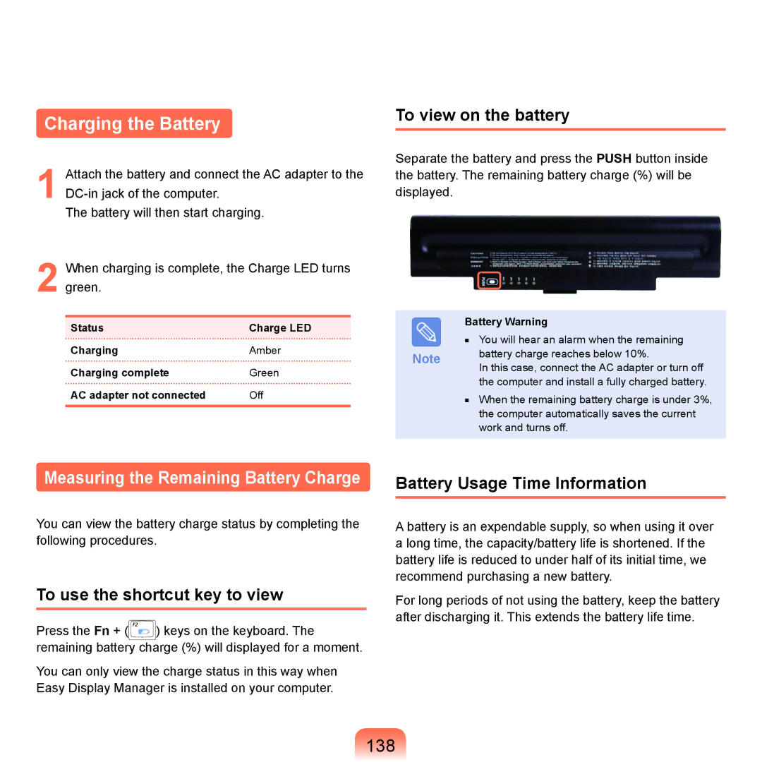 Samsung Q46, HTQ45 manual Charging the Battery, 138, To view on the battery, To use the shortcut key to view 