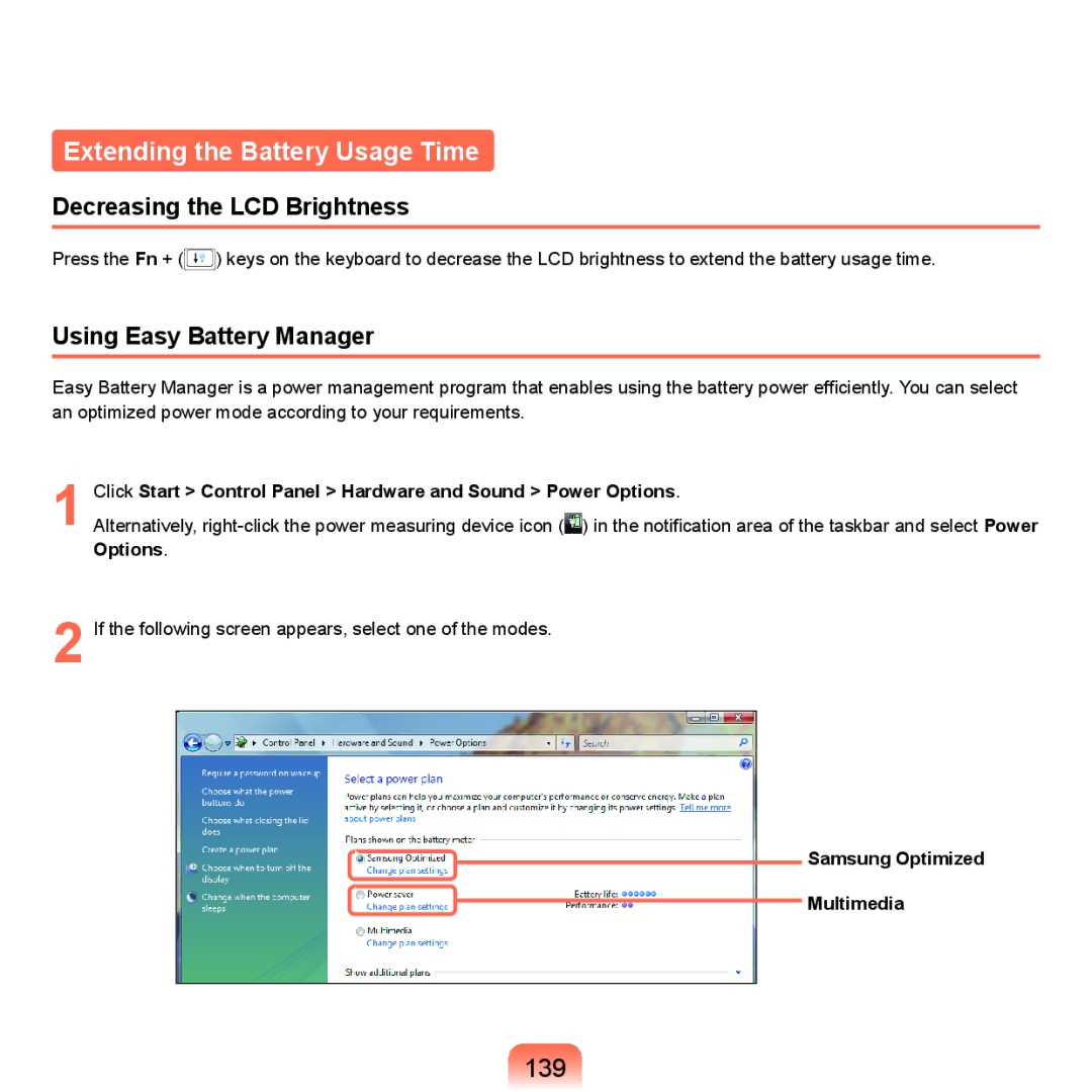 Samsung HTQ45, Q46 manual Extending the Battery Usage Time, 139, Decreasing the LCD Brightness, Using Easy Battery Manager 