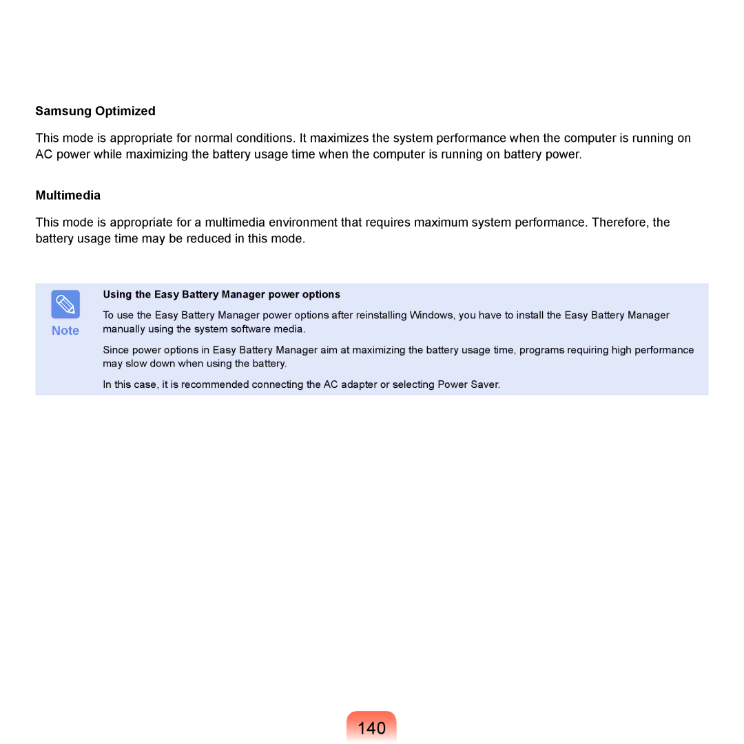 Samsung Q46, HTQ45 manual 140, Samsung Optimized, Using the Easy Battery Manager power options 