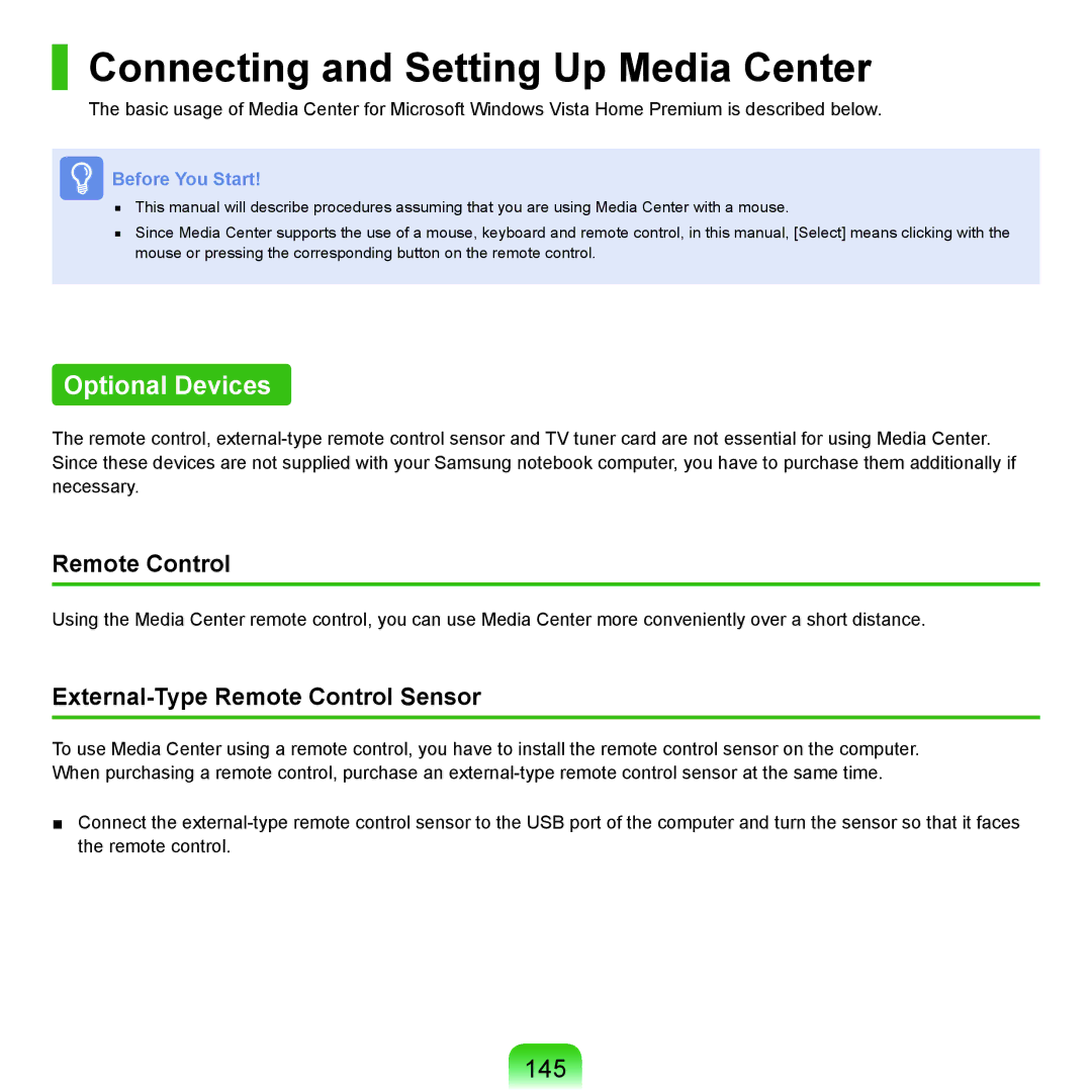 Samsung HTQ45, Q46 manual Connecting and Setting Up Media Center, Optional Devices, 145, Remote Control 