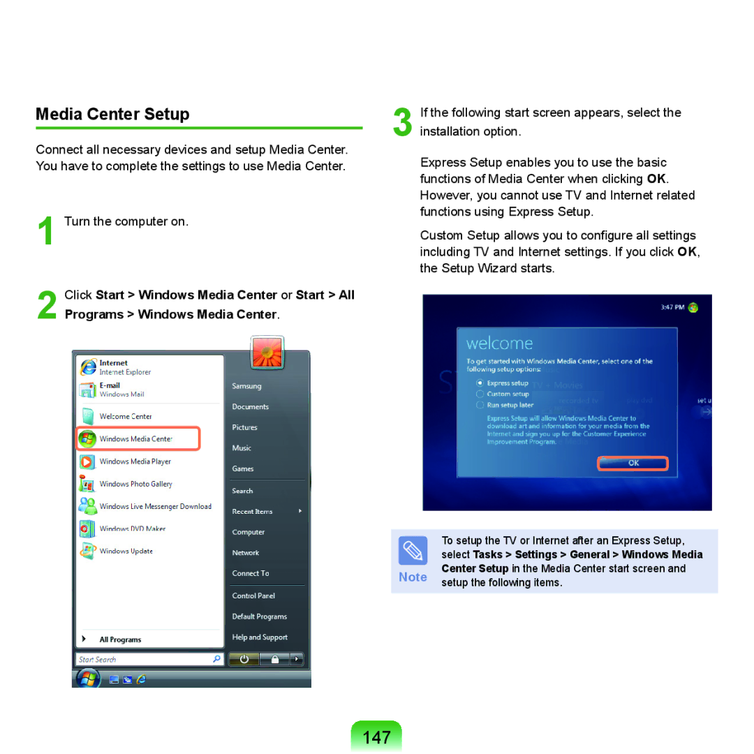 Samsung HTQ45, Q46 manual 147, Media Center Setup 