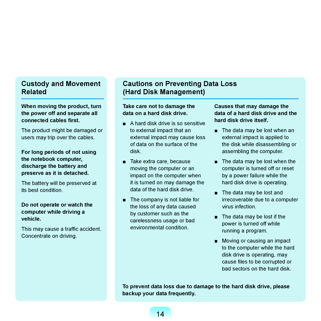 Samsung Q46, HTQ45 manual Do not operate or watch the computer while driving a vehicle 