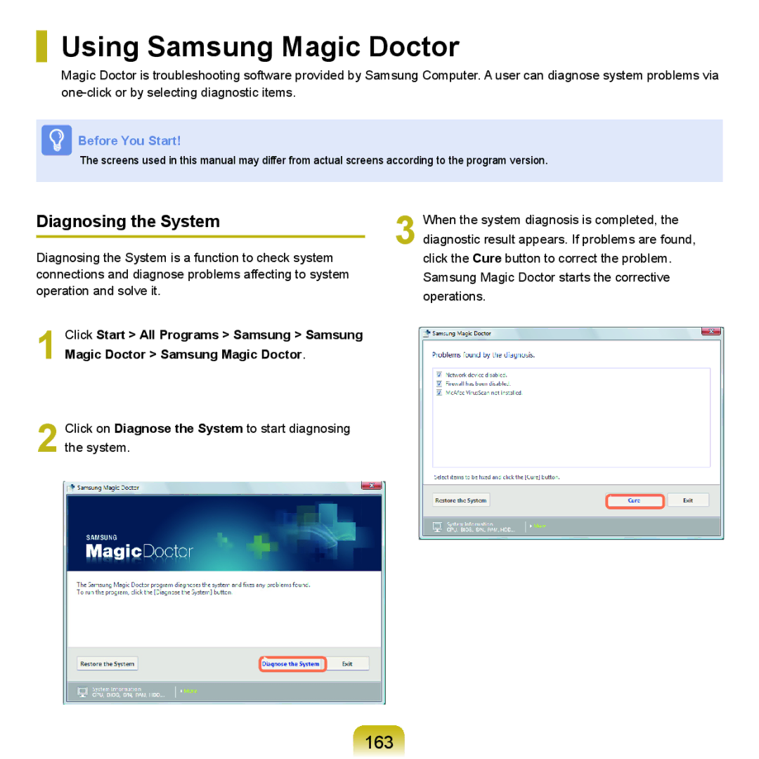 Samsung HTQ45, Q46 manual Using Samsung Magic Doctor, 163, Diagnosing the System 