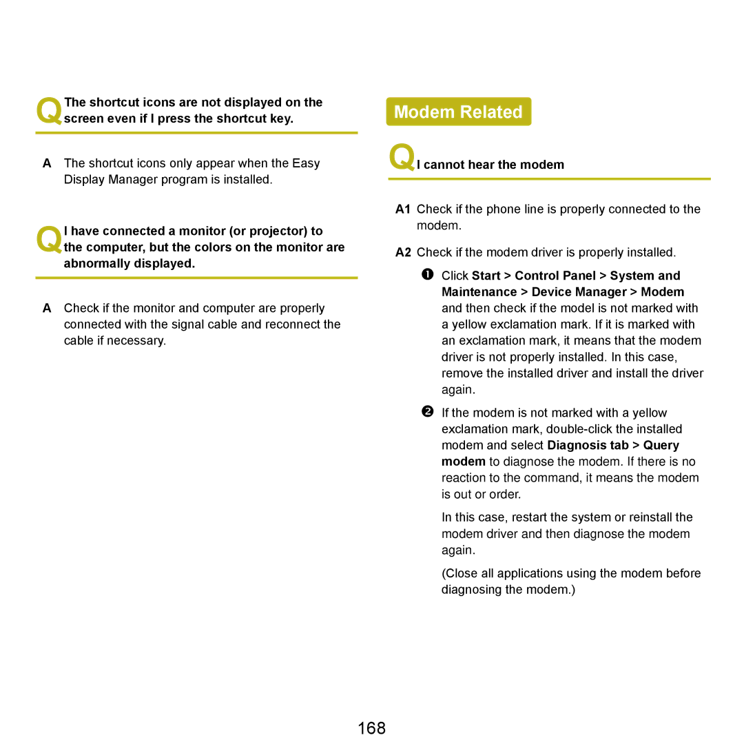 Samsung Q46, HTQ45 manual Modem Related, 168, QI cannot hear the modem 