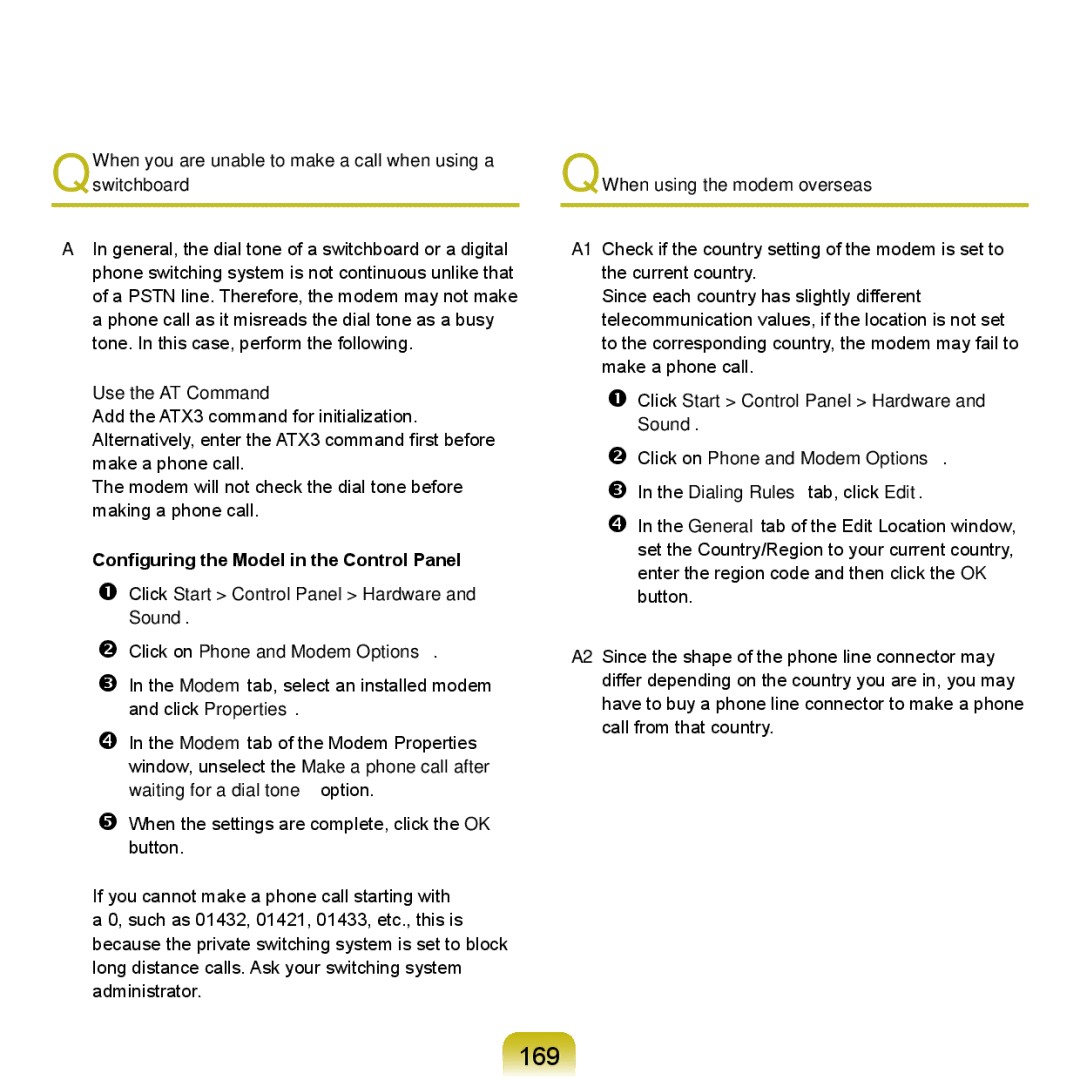 Samsung HTQ45, Q46 manual 169, Use the AT Command, QWhen using the modem overseas 