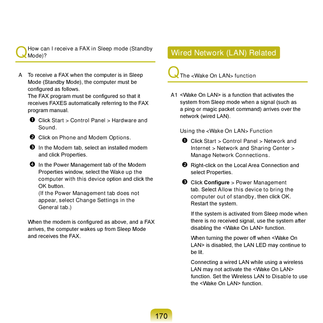 Samsung Q46, HTQ45 manual Wired Network LAN Related, 170, QHow can I receive a FAX in Sleep mode Standby Mode? 