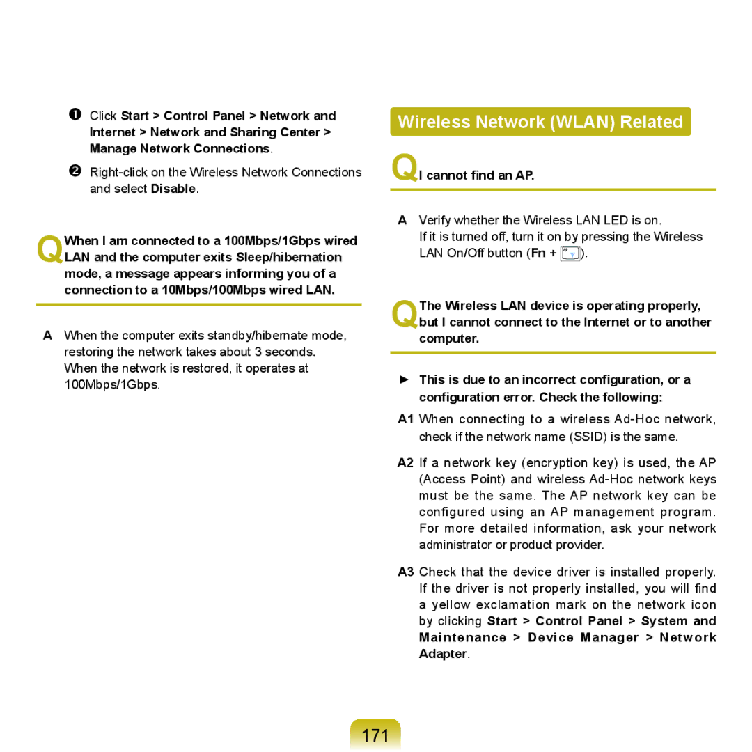 Samsung HTQ45, Q46 Wireless Network Wlan Related, 171, QI cannot find an AP, Maintenance Device Manager Network Adapter 