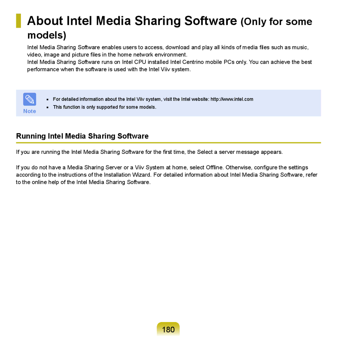 Samsung Q46, HTQ45 manual About Intel Media Sharing Software Only for some, 180, Running Intel Media Sharing Software 