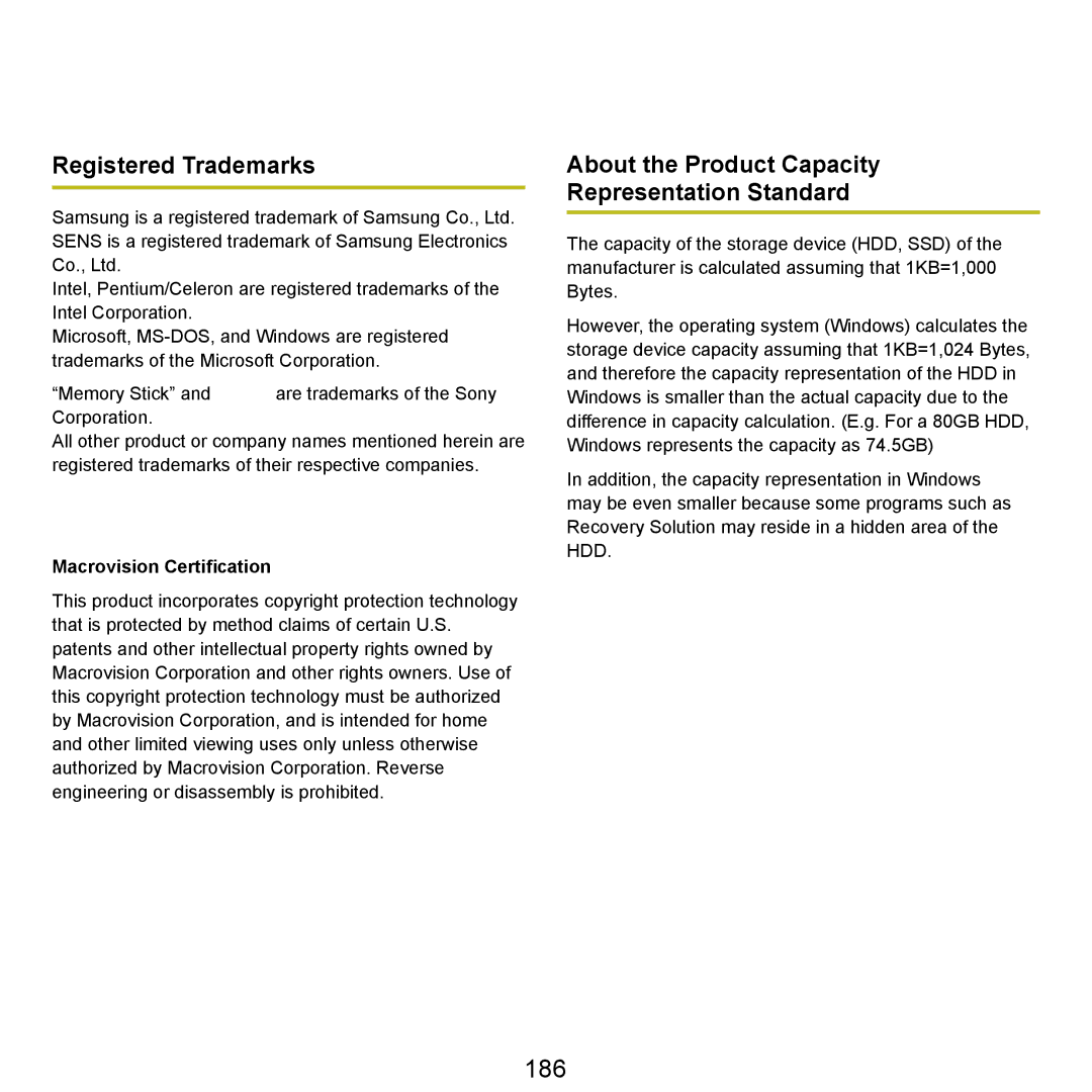 Samsung Q46 186, Registered Trademarks, About the Product Capacity Representation Standard, Macrovision Certification 