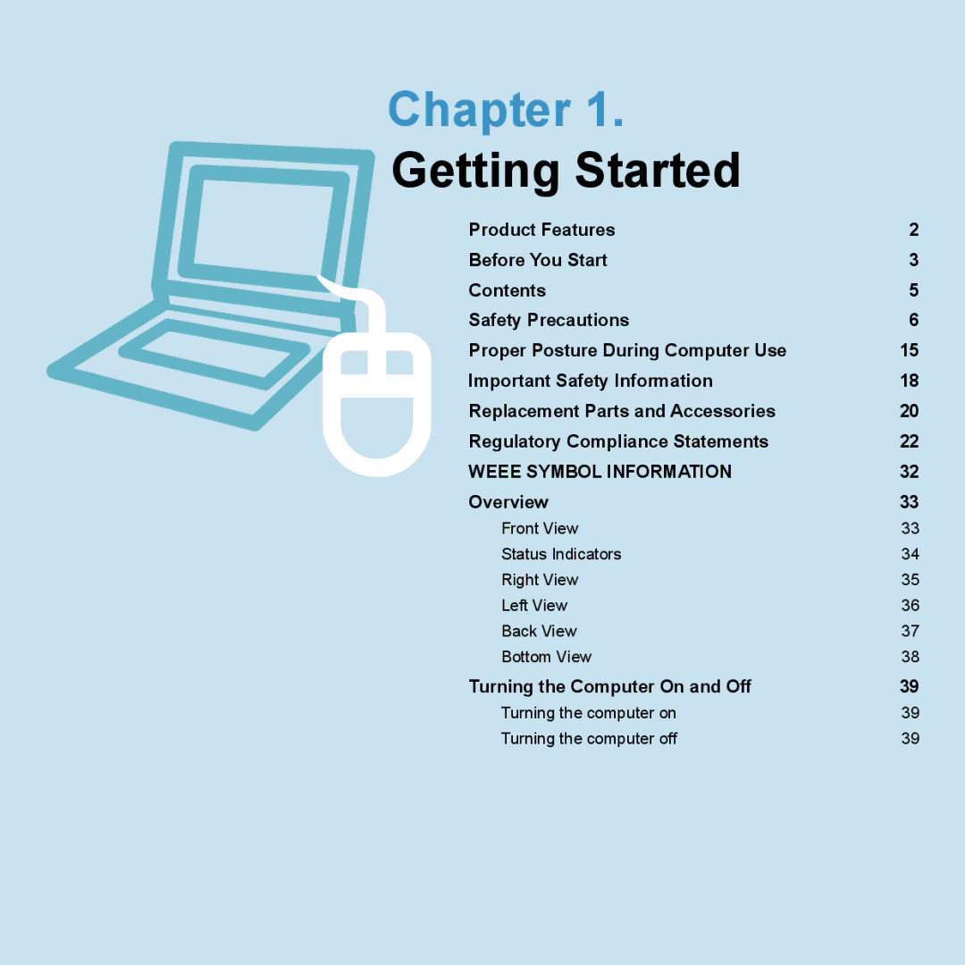 Samsung HTQ45, Q46 manual Chapter, Turning the computer on Turning the computer off 