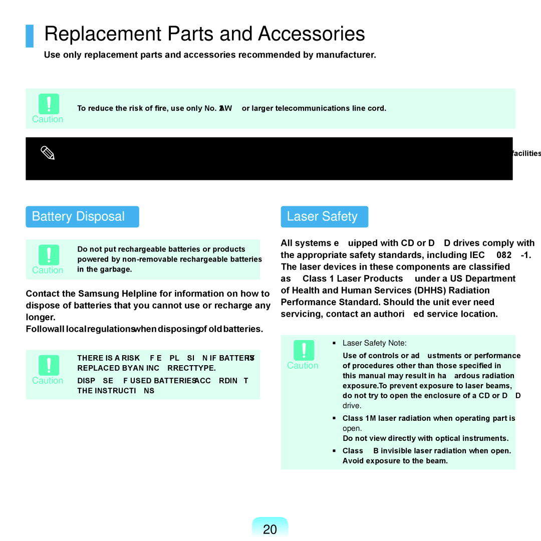 Samsung Q46, HTQ45 manual Replacement Parts and Accessories, Battery Disposal, Laser Safety Note 