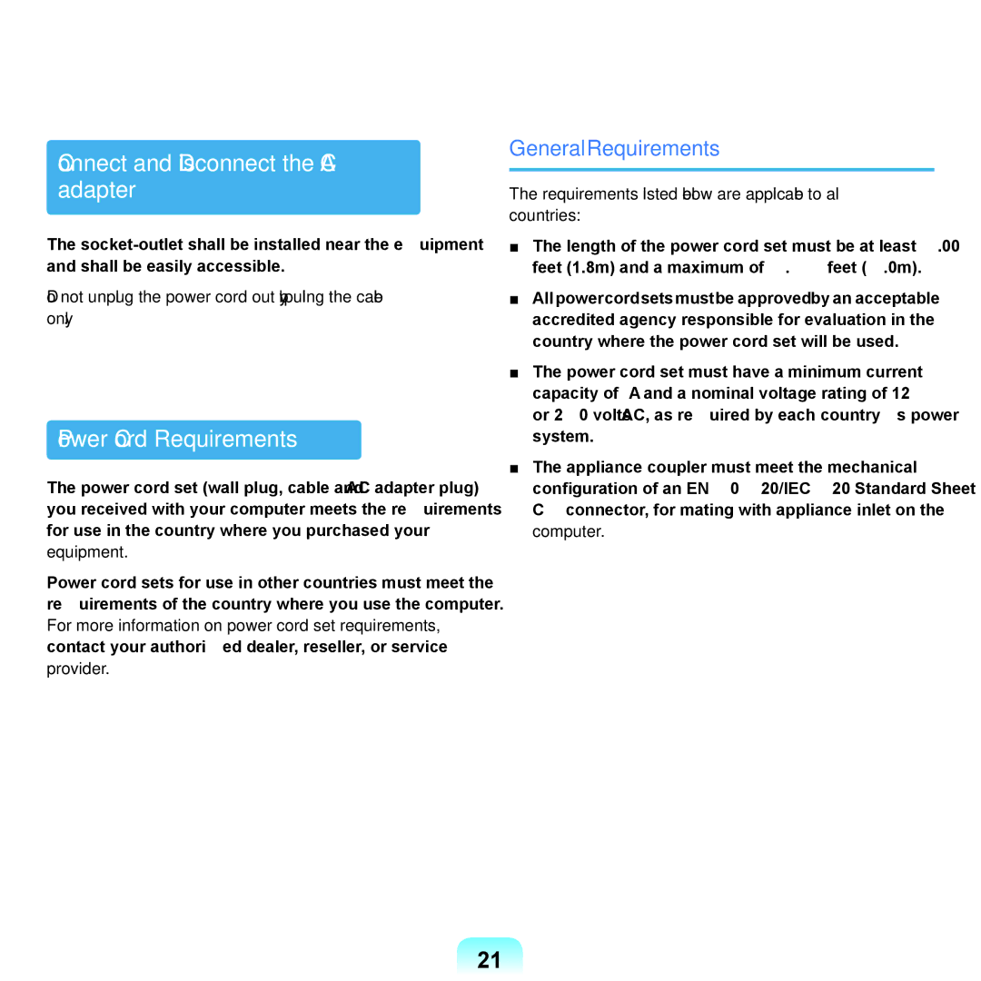 Samsung HTQ45, Q46 manual Connect and Disconnect the AC adapter, Power Cord Requirements, General Requirements 