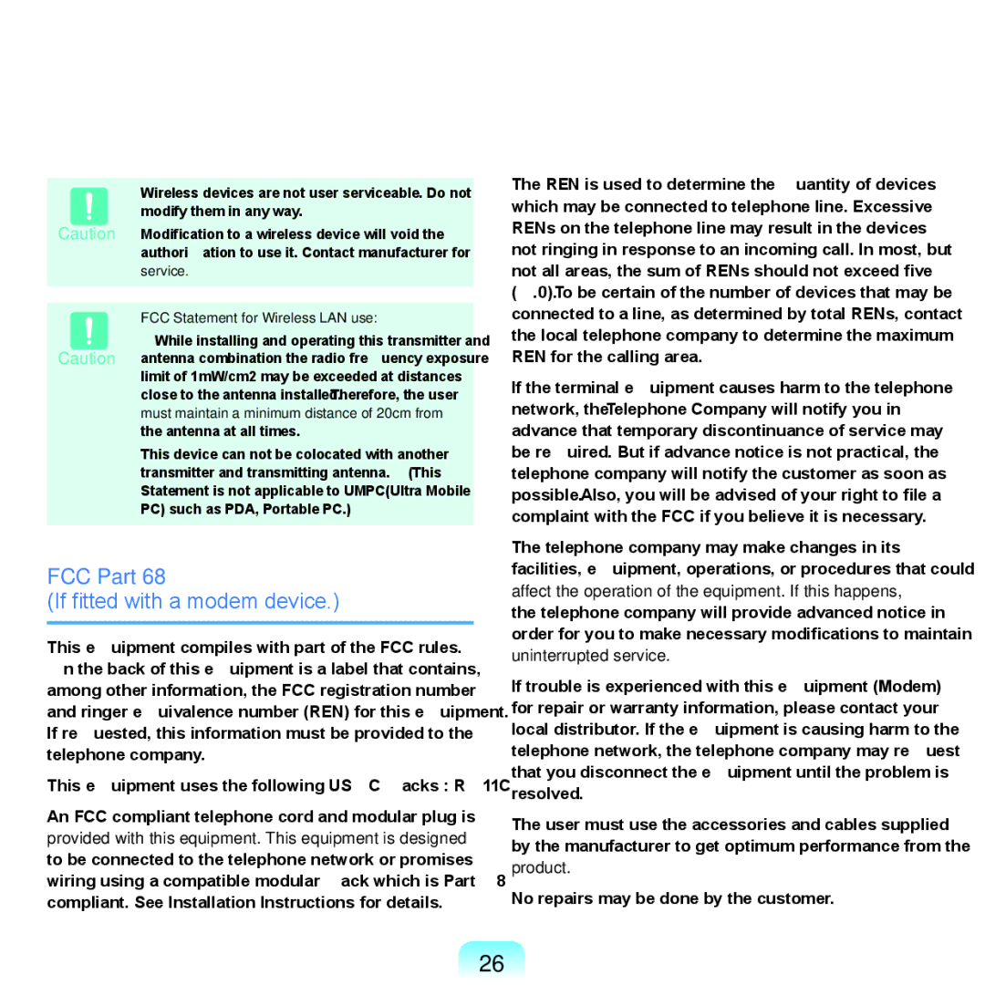 Samsung Q46, HTQ45 manual FCC Part If fitted with a modem device, FCC Statement for Wireless LAN use 