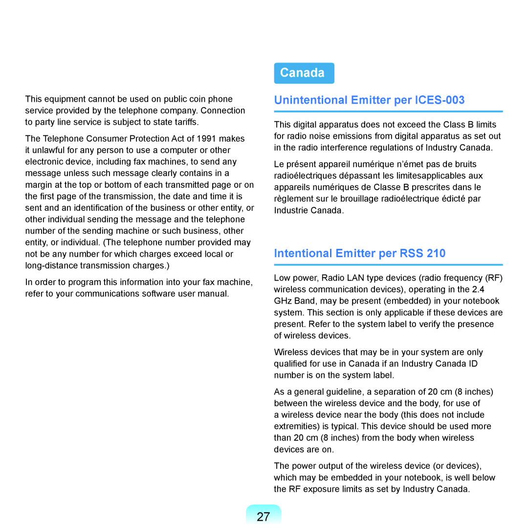 Samsung HTQ45, Q46 manual Canada, Unintentional Emitter per ICES-003, Intentional Emitter per RSS 