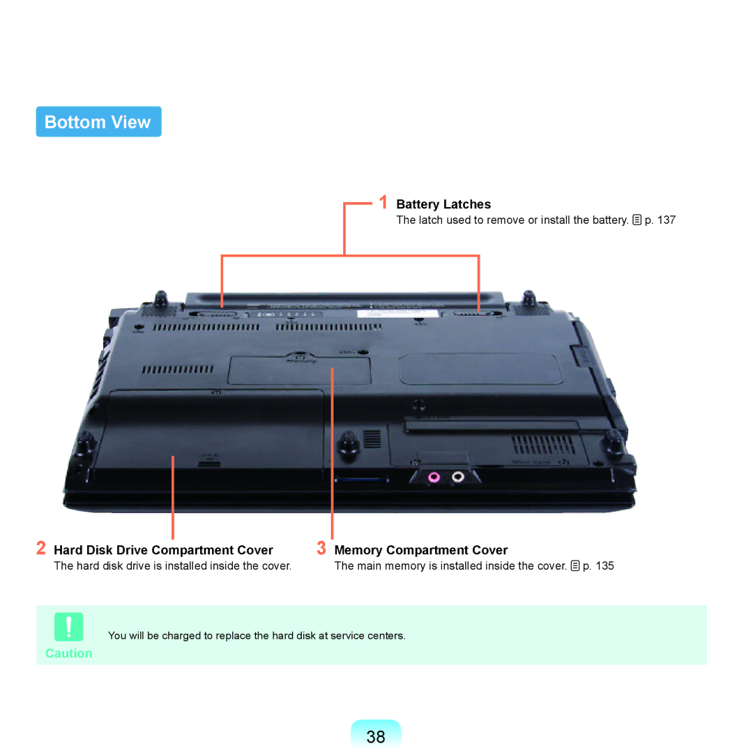 Samsung Q46, HTQ45 manual Bottom View, Battery Latches, Hard Disk Drive Memory Compartment Cover 