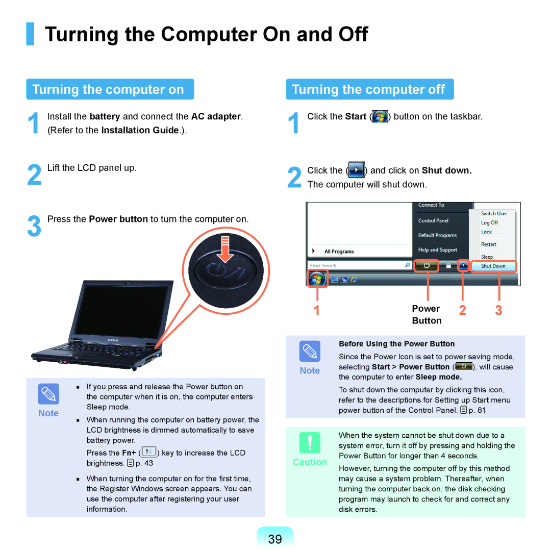 Samsung HTQ45, Q46 manual Turning the Computer On and Off, Turning the computer on, Turning the computer off, Power 2 Button 