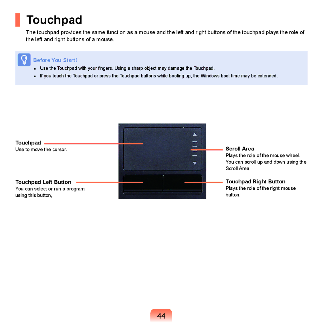 Samsung Q46, HTQ45 manual Scroll Area, Touchpad Left Button, Touchpad Right Button 