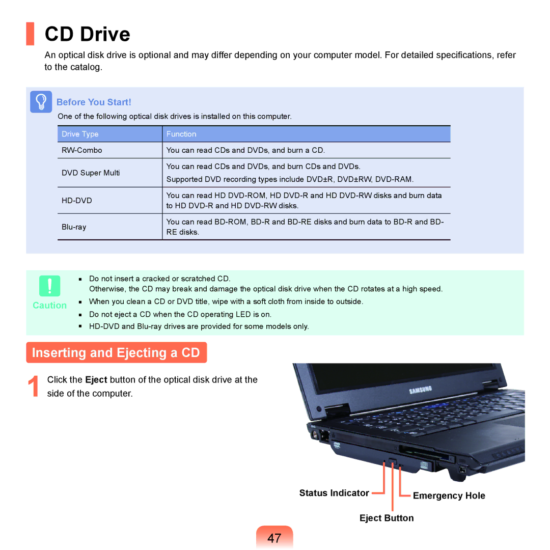 Samsung HTQ45, Q46 manual CD Drive, Inserting and Ejecting a CD, Status Indicator Emergency Hole Eject Button 