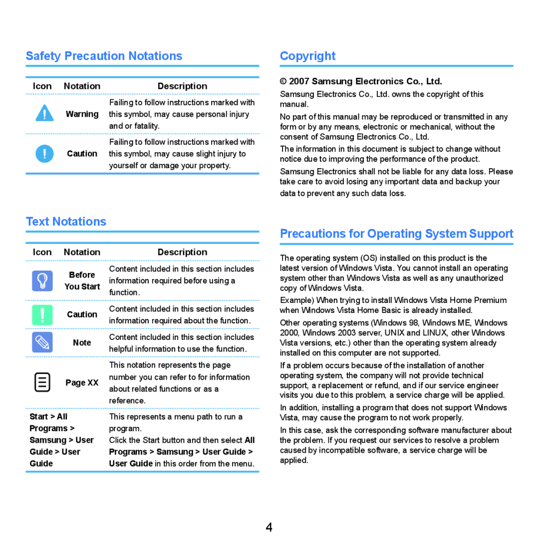 Samsung Q46 Safety Precaution Notations, Copyright, Text Notations Precautions for Operating System Support, Icon Notation 