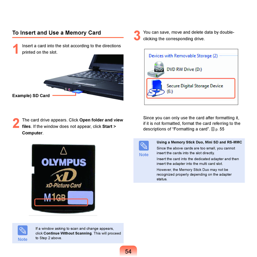 Samsung Q46, HTQ45 manual To Insert and Use a Memory Card, Example SD Card, Using a Memory Stick Duo, Mini SD and RS-MMC 