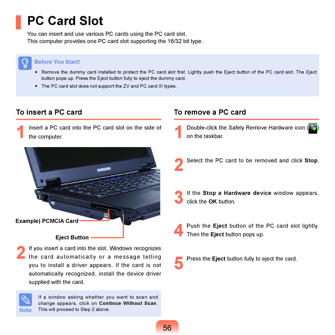 Samsung Q46, HTQ45 manual PC Card Slot, To insert a PC card, To remove a PC card, Example Pcmcia Card Eject Button 