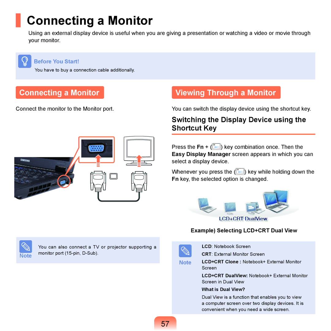 Samsung HTQ45, Q46 Connecting a Monitor, Viewing Through a Monitor, Switching the Display Device using the Shortcut Key 