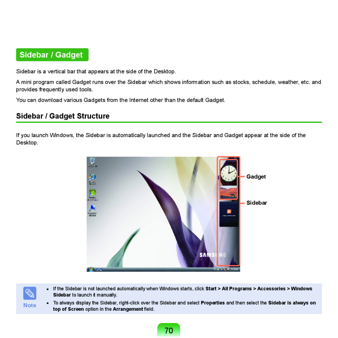 Samsung Q46, HTQ45 manual Sidebar / Gadget Structure, Gadget Sidebar, Top of Screen option in the Arrangement field 