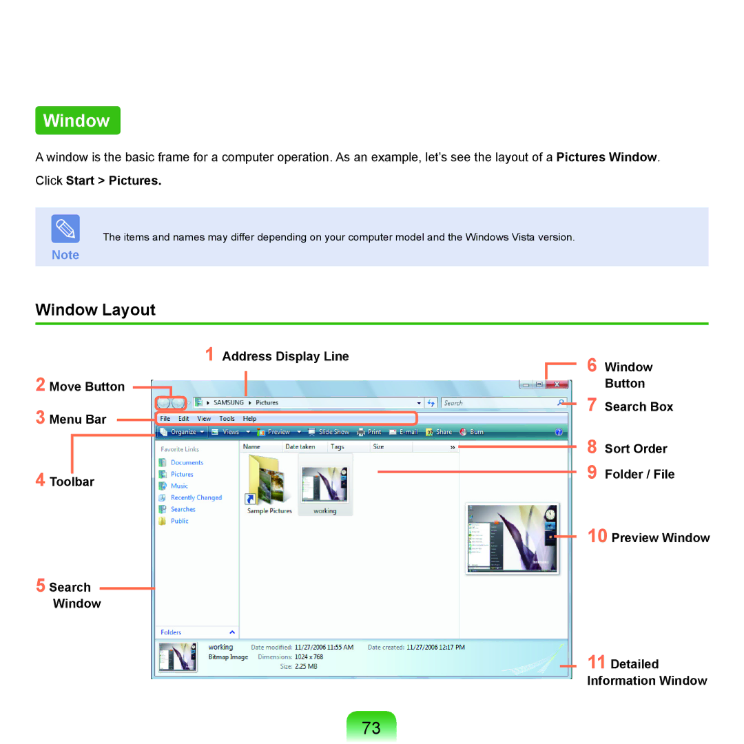 Samsung HTQ45, Q46 manual Window Layout, Click Start Pictures, Toolbar Preview Window Search Detailed Information Window 