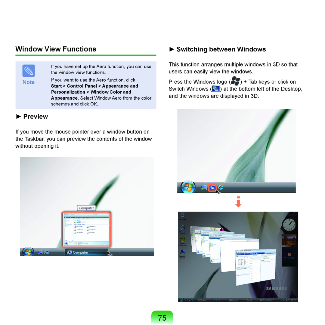 Samsung HTQ45, Q46 manual Window View Functions, Start Control Panel Appearance, Personalization Window Color 