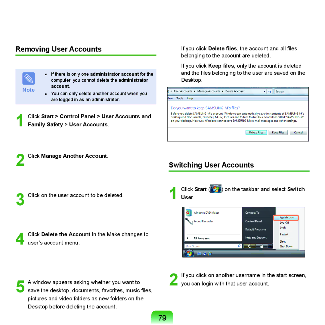 Samsung HTQ45, Q46 manual Removing User Accounts, Switching User Accounts 