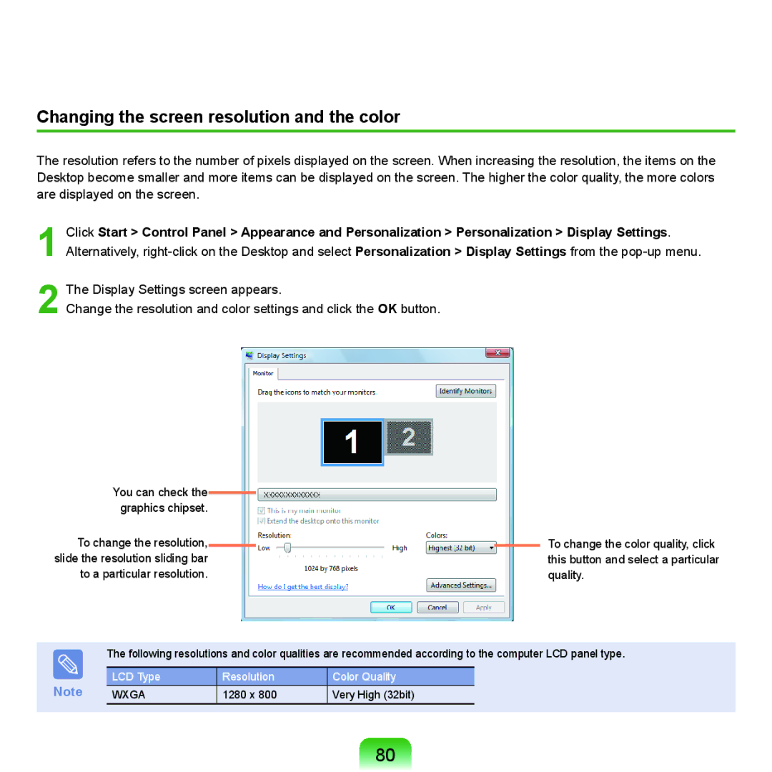 Samsung Q46, HTQ45 manual Changing the screen resolution and the color 