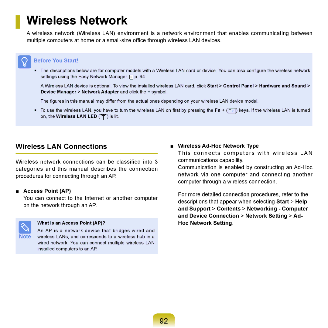 Samsung Q46, HTQ45 manual Wireless Network, Wireless LAN Connections, Access Point AP, Wireless Ad-Hoc Network Type 