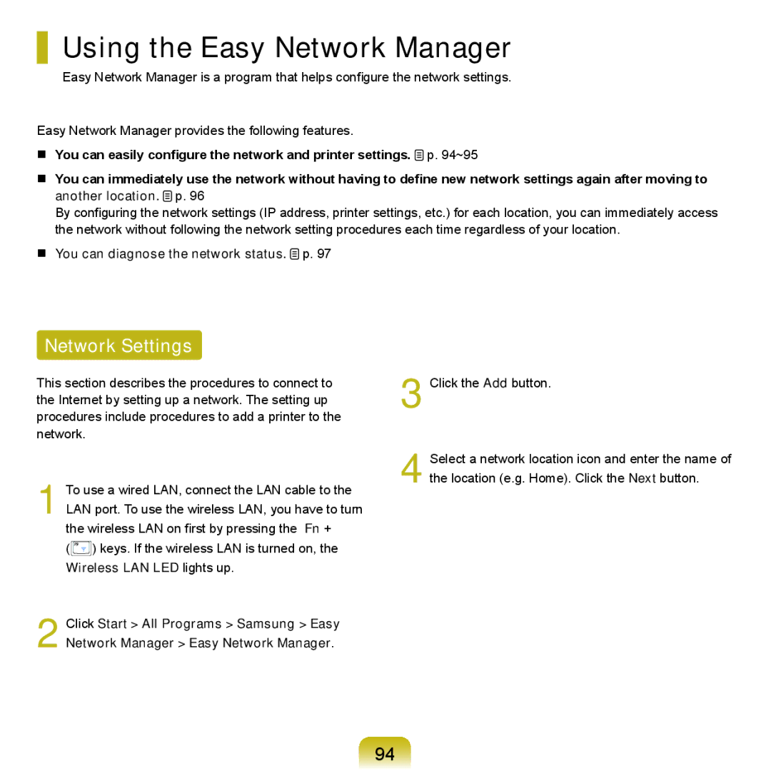 Samsung Q46, HTQ45 manual Using the Easy Network Manager, Network Settings,  You can diagnose the network status. p 